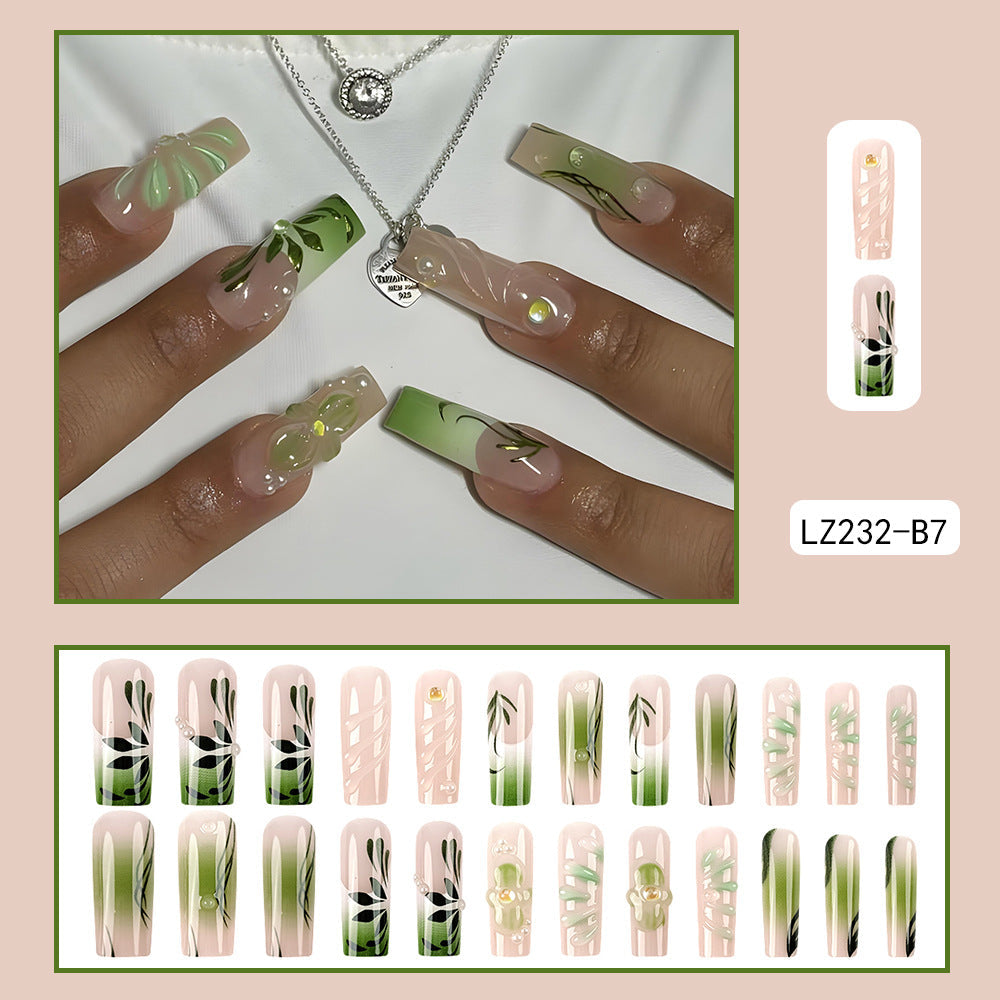 3D Floral Square Press-On Nails – Long Green & Nude Acrylic Tips