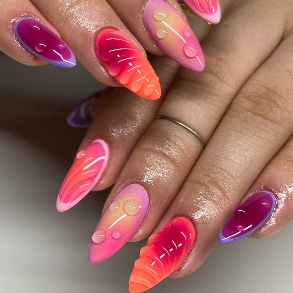 Trendy Almond Press-On Nails – Gradient Gel with Glossy Water Droplet Design Nails