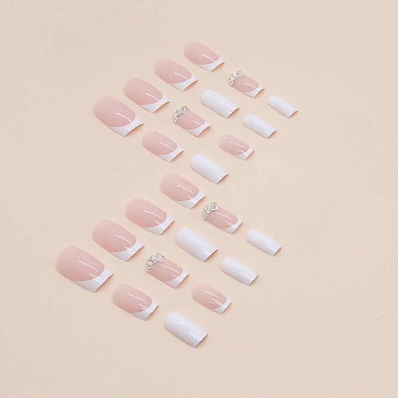Medium-Length Square Milky White French Manicure – Flash Diamond Style False Nails