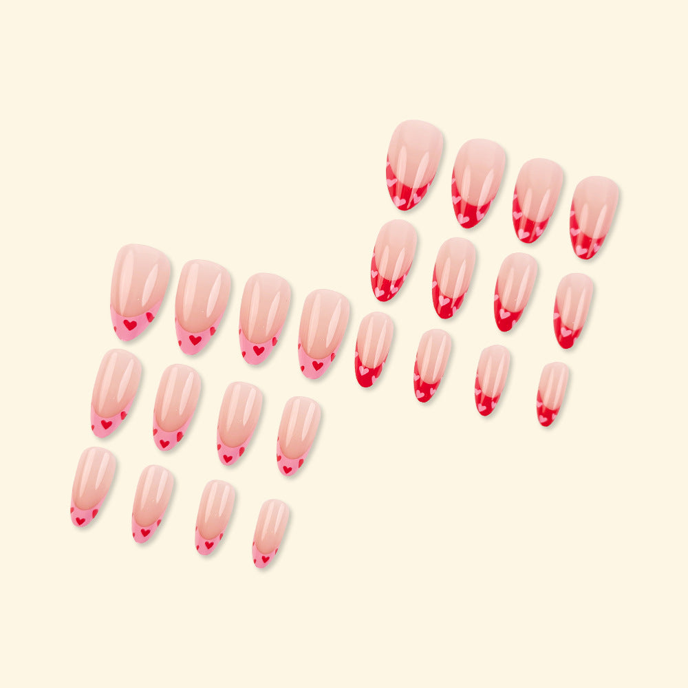 Cute French Tip Press-On Nails with Heart Design, Acrylic Glue-On Nails