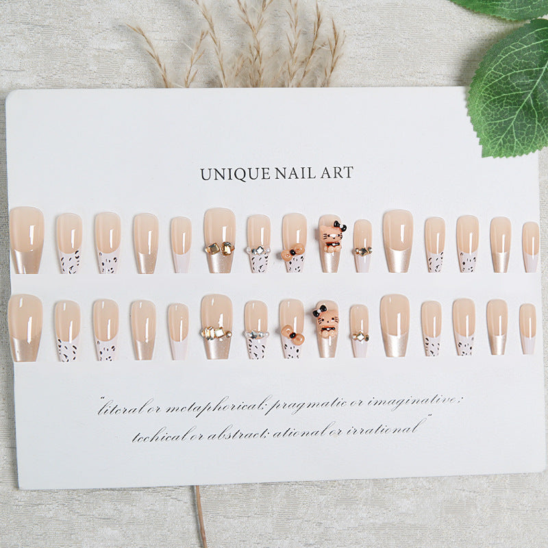 Cat Eye Leopard Press-On Nails – Long Coffin Acrylic Nail Set with Gems