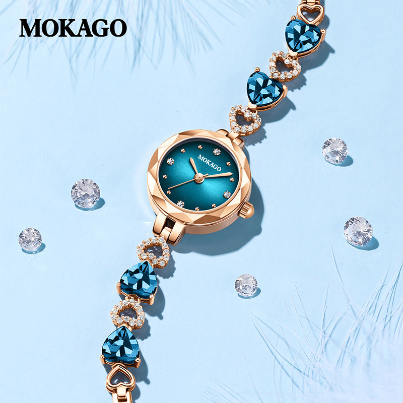 Mokago Women’s Crystal Bracelet Watch – Heart-Shaped Blue Dial, Waterproof Timepiece