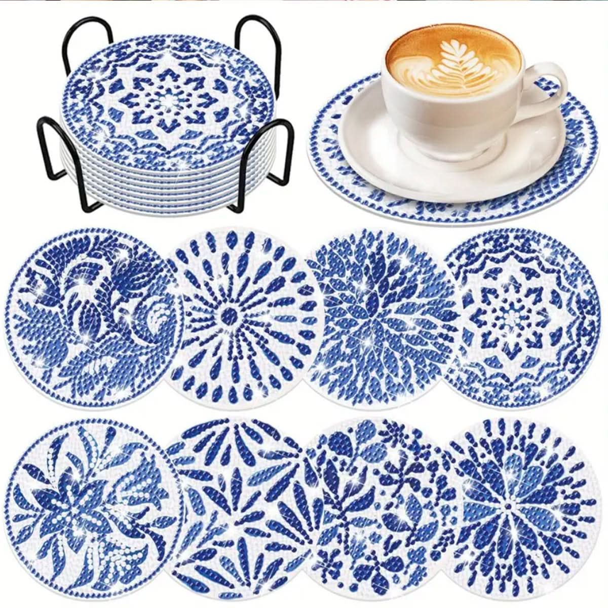 8-Piece DIY Diamond Painting Coasters - Mandala Blue & White Porcelain Design