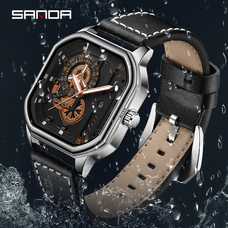 Sanda Men’s Leather Quartz Watch – Square Dial, Luminous Hands Casual Timepiece