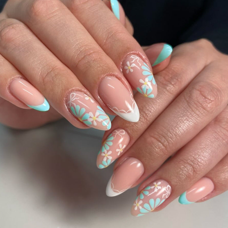 Cute Floral Almond Press-On Nails – Pastel Acrylic Nails with Bows