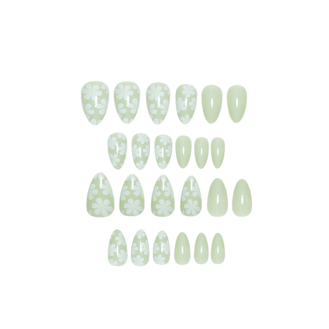 Floral Press-On Nails, Medium Almond Acrylic Glue-On Set – Sage Green Short Nails Set