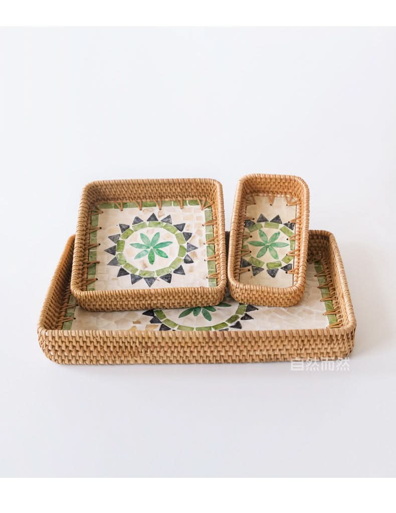 Natural Rattan Shell Tray Set - 3-Piece Square Fruit & Snack Storage