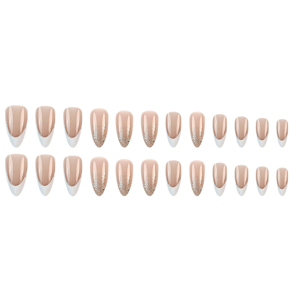 French Tip Press-On Nails with Glitter Gradient, Medium Almond Acrylic Glue-On Set