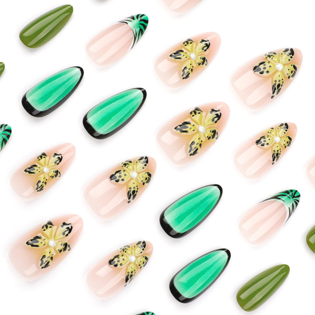 Tropical Floral Almond Press-On Nails – 3D Green Ombre Design, Glossy Finish