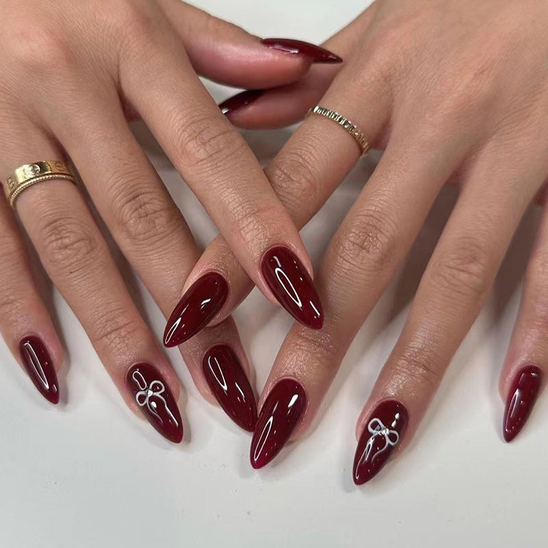 Burgundy Press-On Nails with Bow Detail, Medium Stiletto Acrylic Glue-On Set