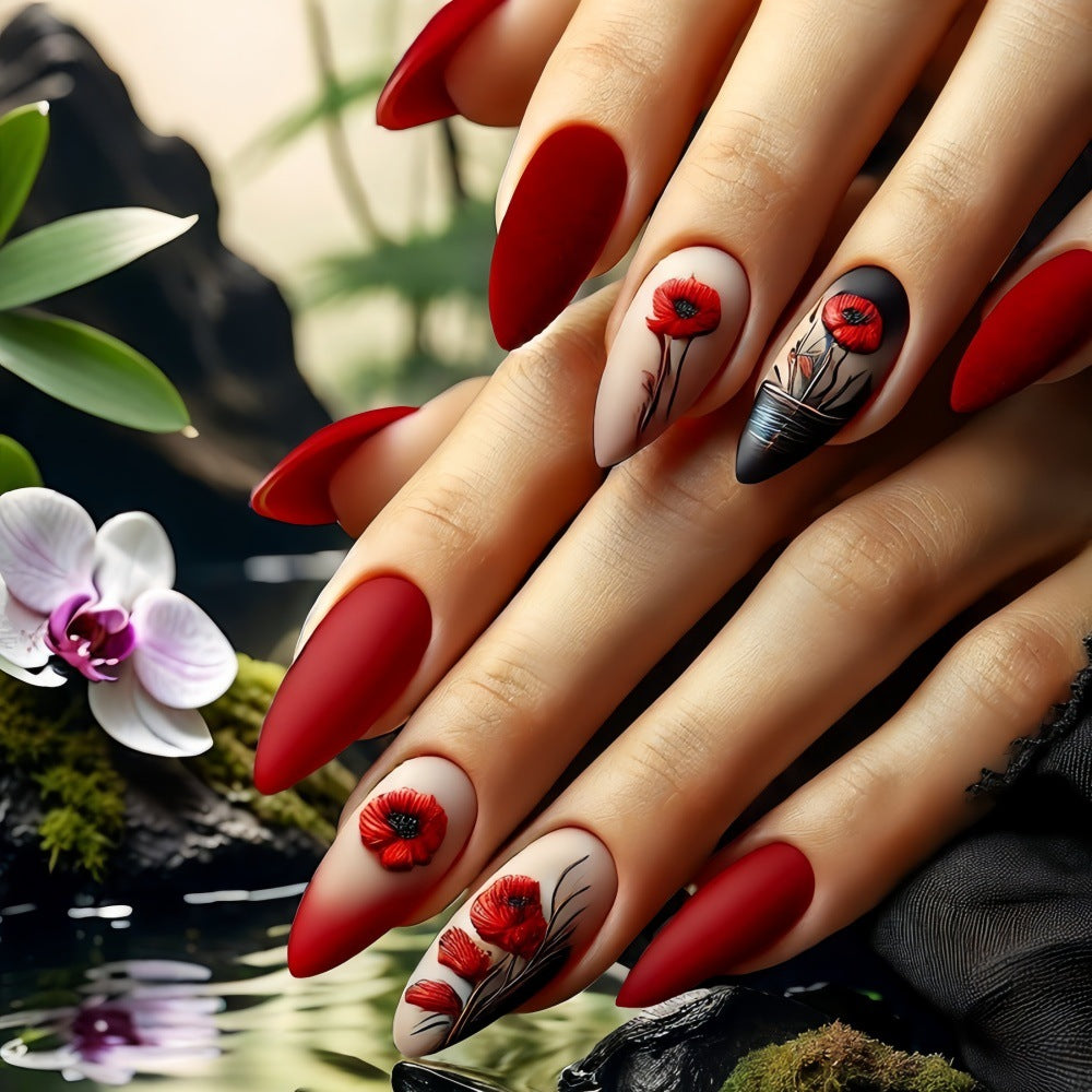 Elegant Matte Almond Press-On Nails – Long Red & Nude Acrylic with Floral Design
