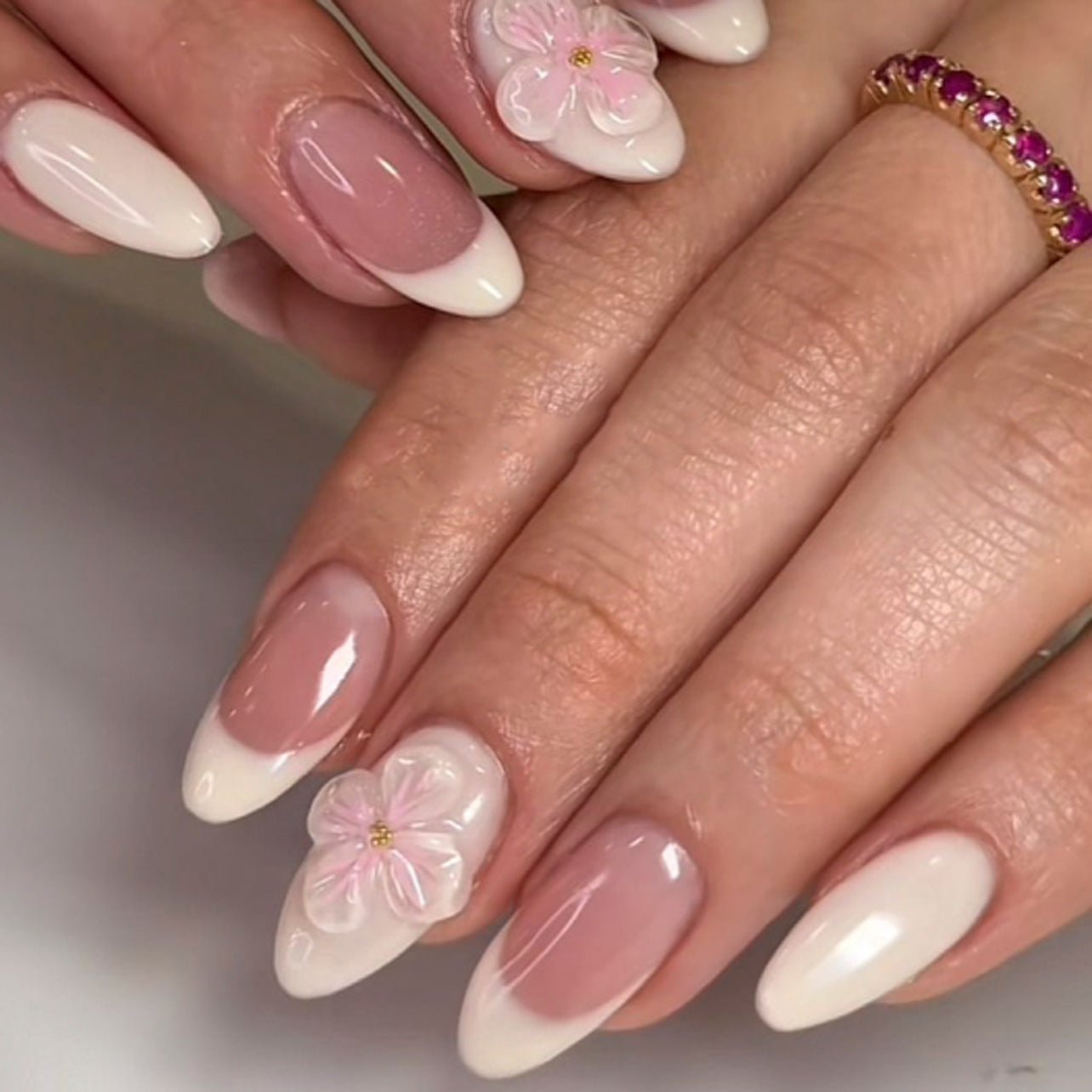 Elegant French Tip Press-On Nails – 3D Floral Almond Shape, Long Glossy Nude Pink
