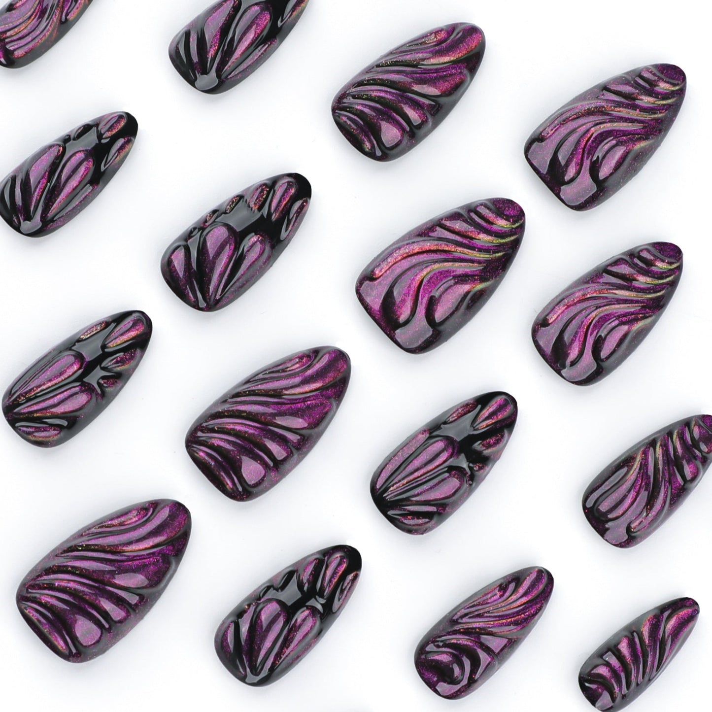 Long Almond Purple & Black 3D Press-On Nails – Glittery, Glossy, Artistic Design