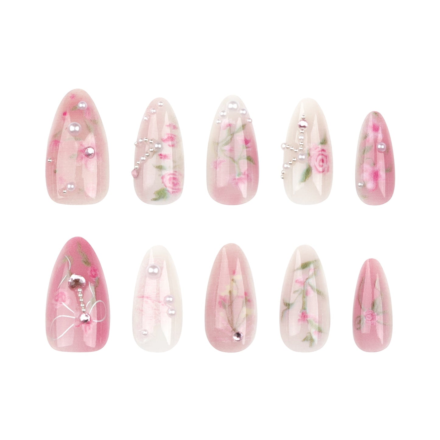 Romantic Rose Press-On Nails – Long Almond Floral Design with Pearls & Bows