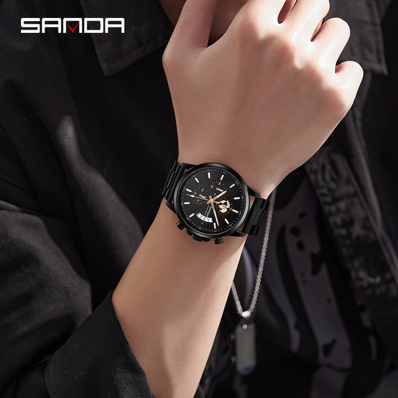 Sanda Men’s Quartz Watch – Three-Eye Chronograph, 30M Waterproof Casual Analog Watch