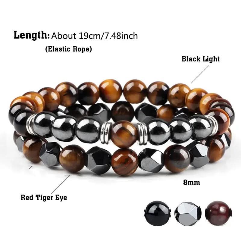Natural Tiger Eye & Black Agate Beaded Bracelet Set