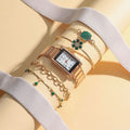 Women’s Gold Square Quartz Watch & Bracelet Set – Green Dial, Steel Band