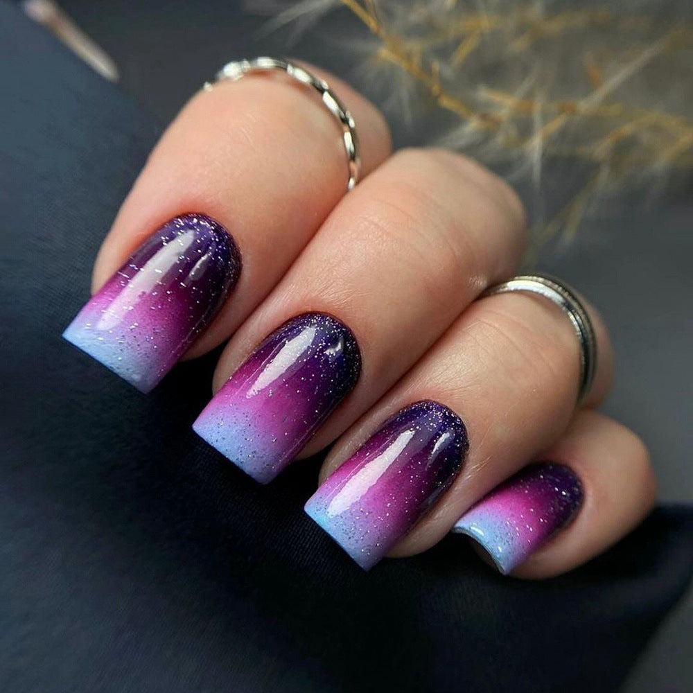Dreamy Gradient Press-On Nails – Square Acrylic False Nails with Glitter Ombré Shimmer