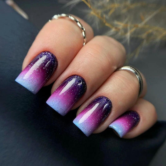 Dreamy Gradient Press-On Nails – Square Acrylic False Nails with Glitter Ombré Shimmer