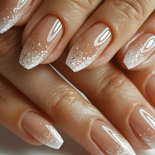 Glitter Ombre Press-On Nails – Medium Square Acrylic Nail Tips, Nude & White