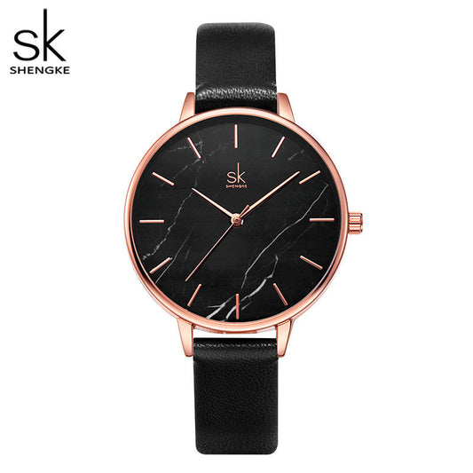 SK Women’s Quartz Watch – Marble Pattern Dial, Thin Strap, 30M Waterproof