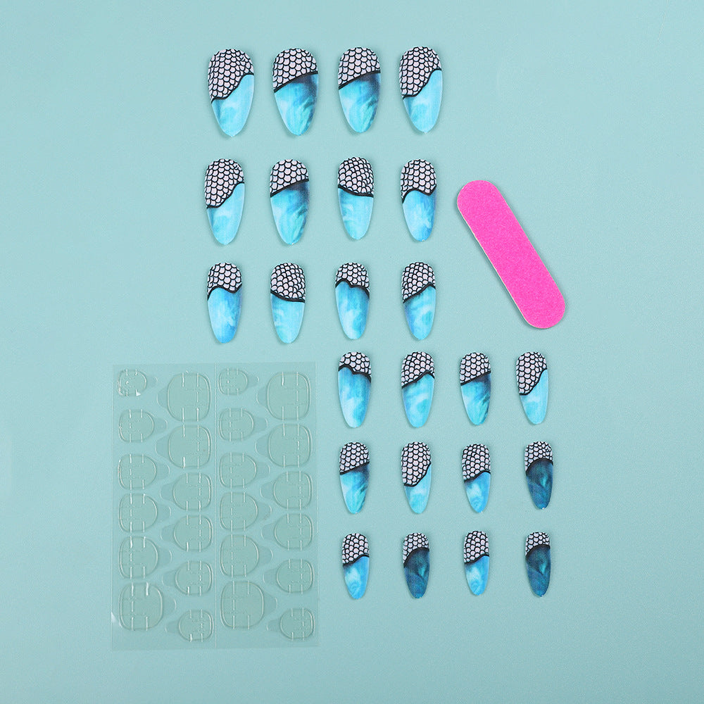 Blue Ocean Almond Press-On Nails – Mesh Design, Teardrop Style, Glossy Finish Nail Art Set