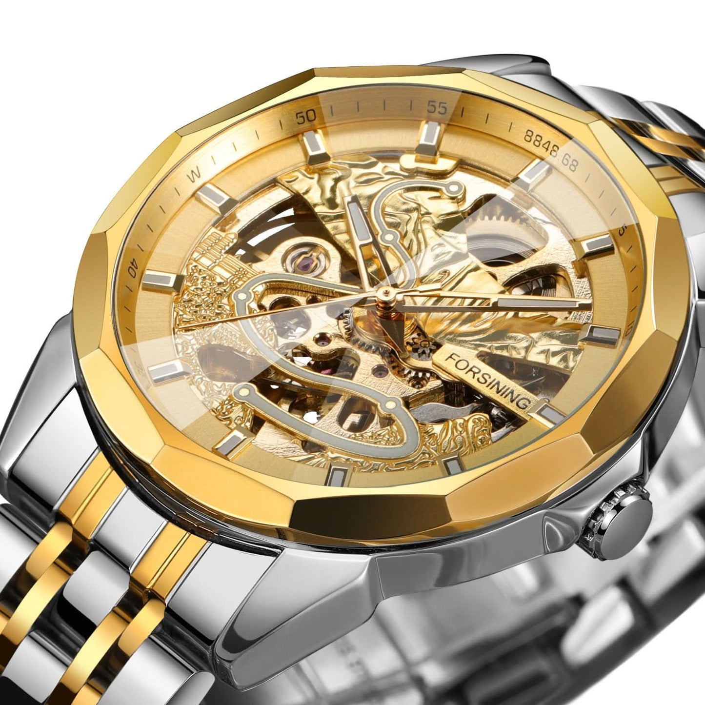 Men’s Mechanical Watch – Diamond Glass Dial, Stainless Steel Strap