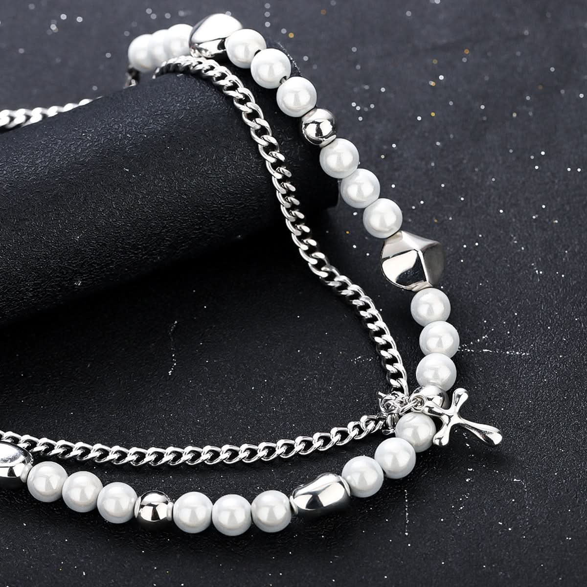 Men’s Trendy Pearl Cross Necklace – Layered Jewelry