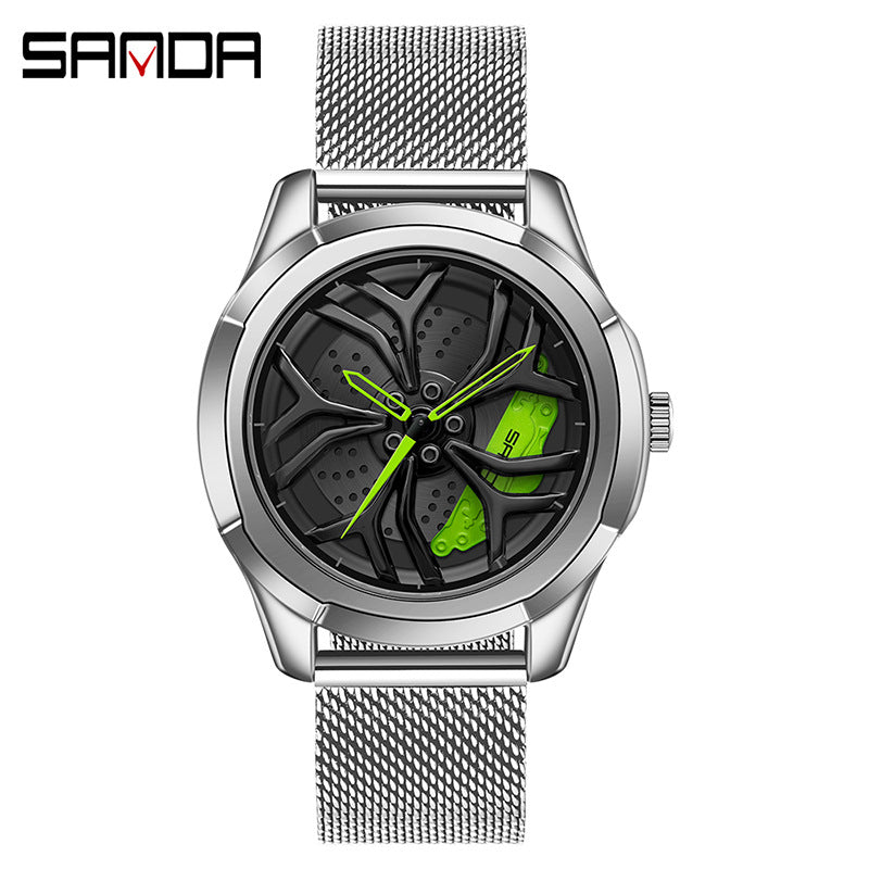 Sanda Men's Quartz Watch – Hollow Wheel Dial, Mesh Steel Strap, Waterproof Timepiece