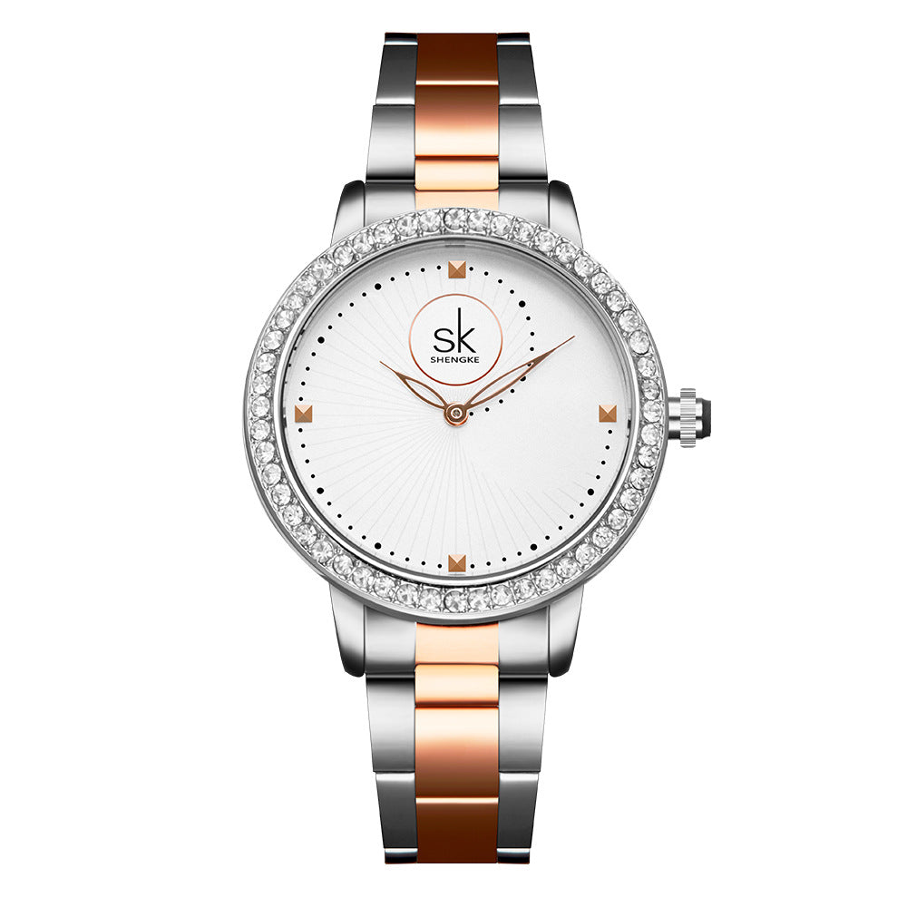 SK Women’s Quartz Watch – Diamond Frame Business Wristwatch with Stainless Steel Band