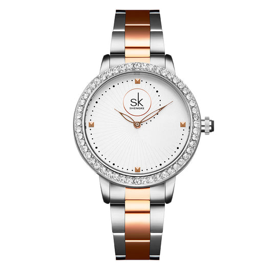 SK Women’s Quartz Watch – Diamond Frame Business Wristwatch with Stainless Steel Band