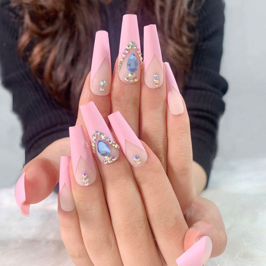 French Blue Rhinestone Press-On Nails – 24-Piece Long Ballet False Nail Set
