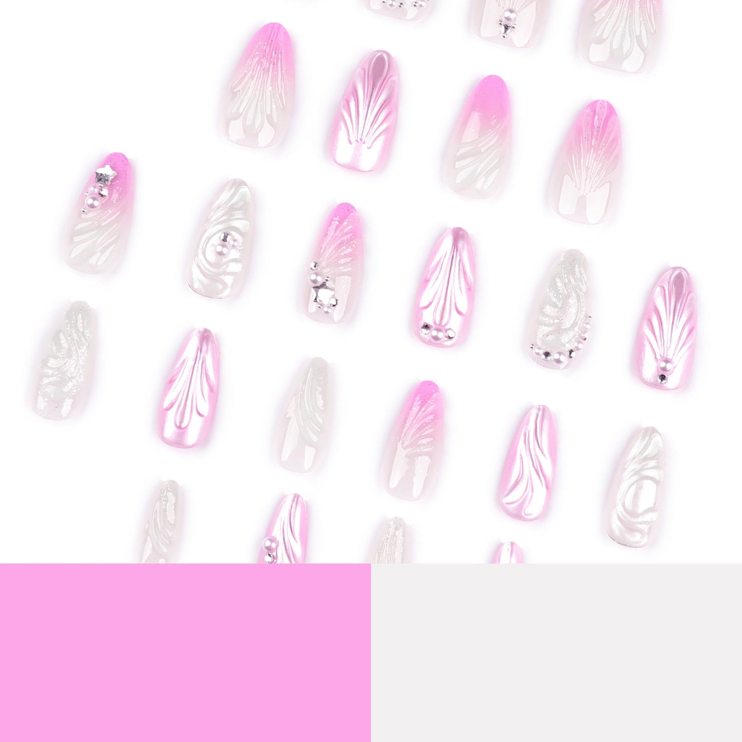 3D Gradient Pink Press-On Nails – Coffin Glossy Shell Design with Rhinestones