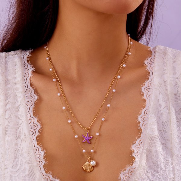 Women's Starfish Seashell Pearl Necklace – Trendy Ocean-Inspired Layered Pendant Jewelry