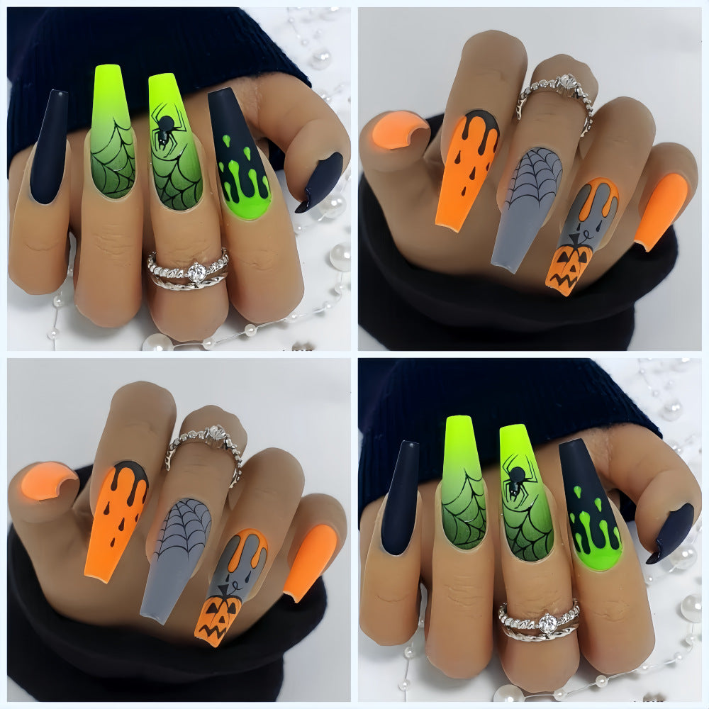 Halloween Spider Web Press-On Nails – Long Coffin Shape, Green & Orange Drip Design