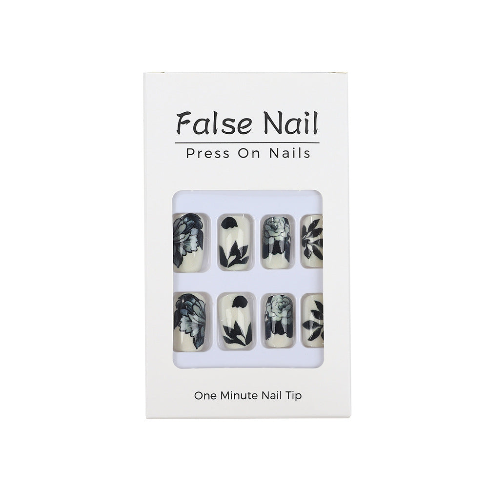 Classic Square Press-On Nails – Medium Black & White Floral Design False Nails
