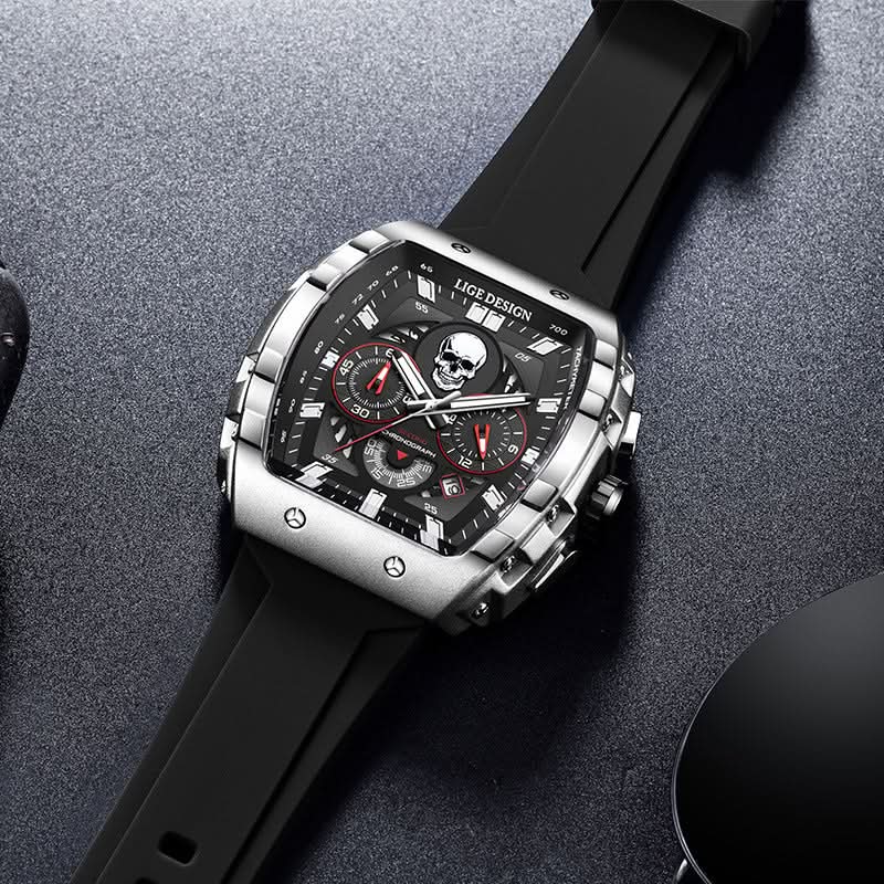 Men’s Skull Dial Quartz Watch – Luminous Barrel-Style Timepiece