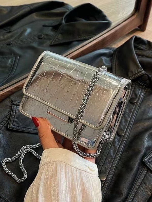 Mini Silver Chain Crossbody Bag – Small PU Shoulder Purse for Women