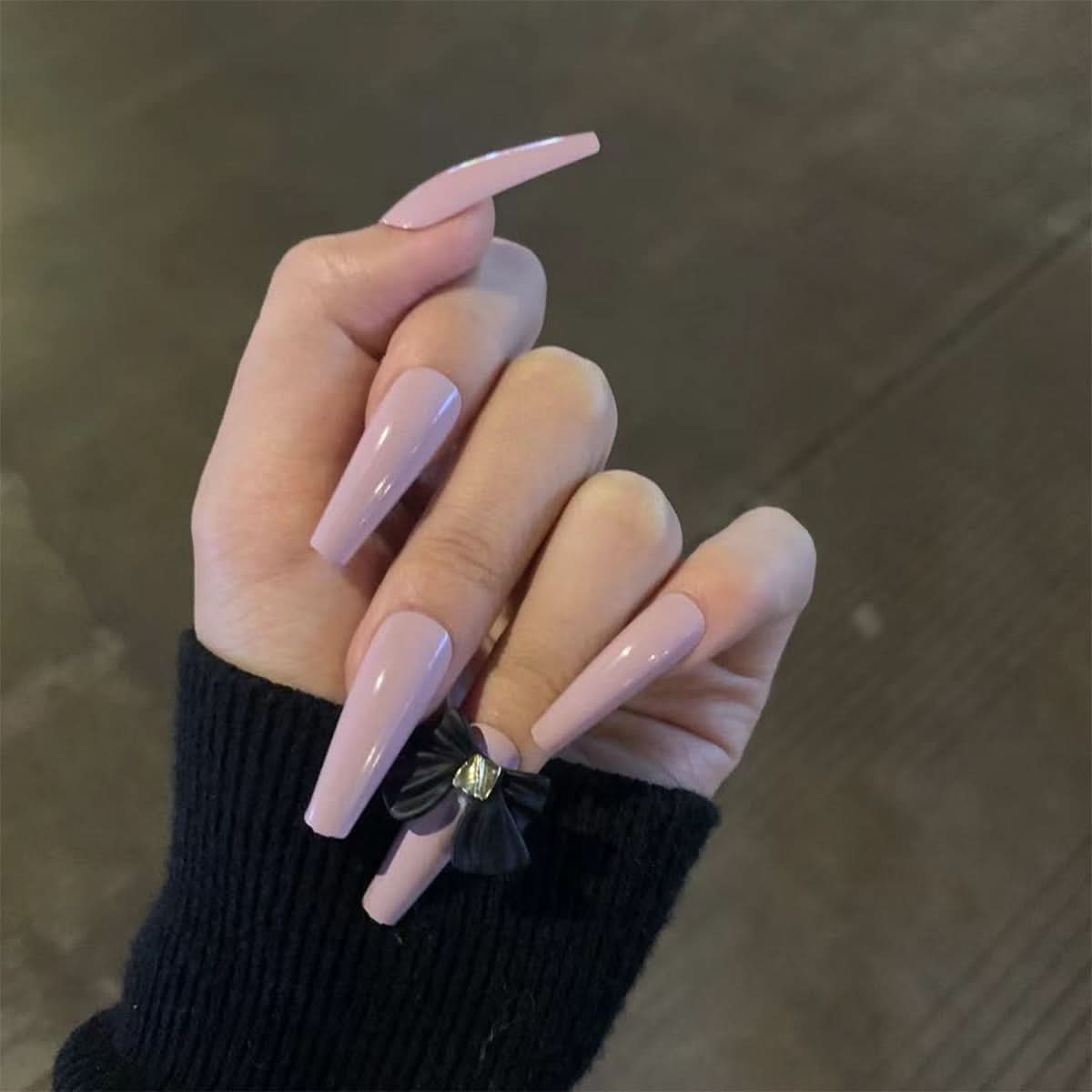 Long Ballet Press-On Nails – 24-Piece Taro Purple Bow False Nail Set