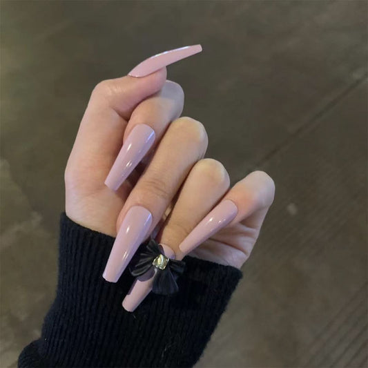 Long Ballet Press-On Nails – 24-Piece Taro Purple Bow False Nail Set