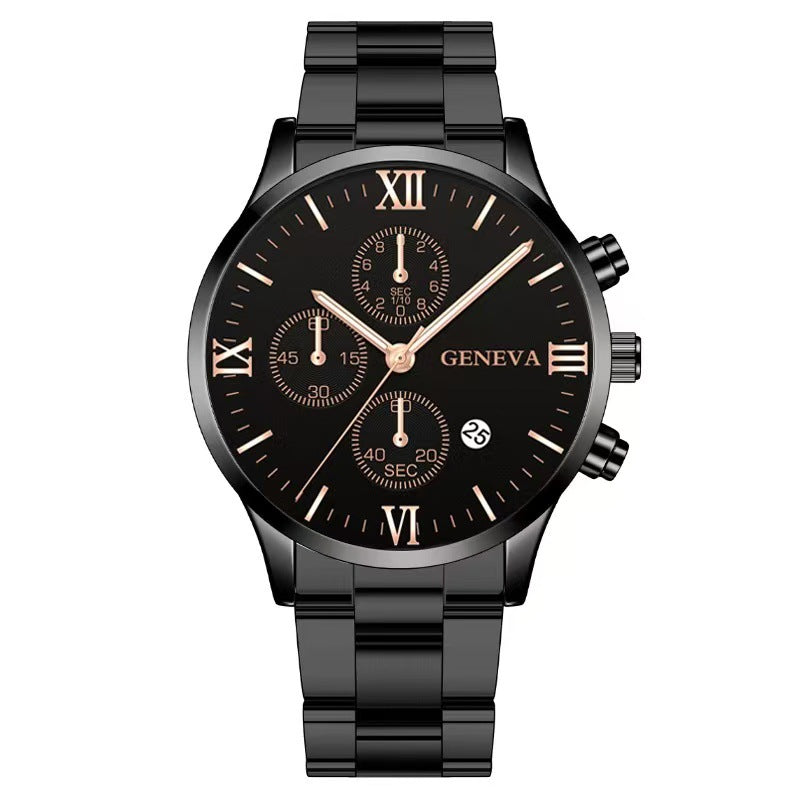 Men's Roman Dial Steel Strap Watch with Calendar – Fashion Three-Eye Design