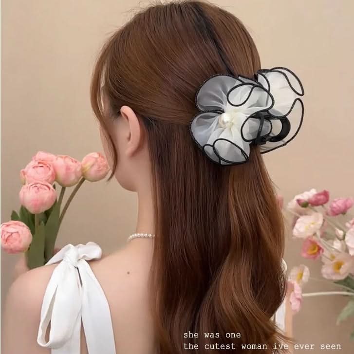 Set of 3 Women’s Flower Bud Hair Clips – Elegant Mesh Bun & Bead Shark Clips for Half-Up Hairstyles