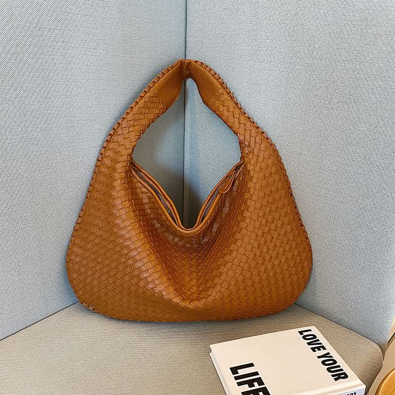 Women's Woven Shoulder Bag – Handbag with Zipper Closure and Inner Pockets