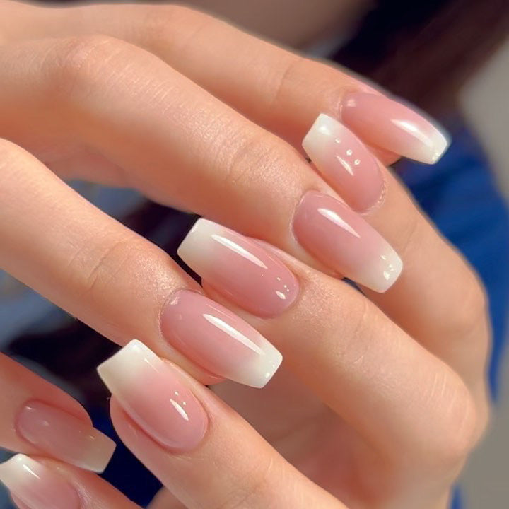 Nude Pink Coffin Press-On Nails – Medium French Ombre Gradient Glue-On Tips