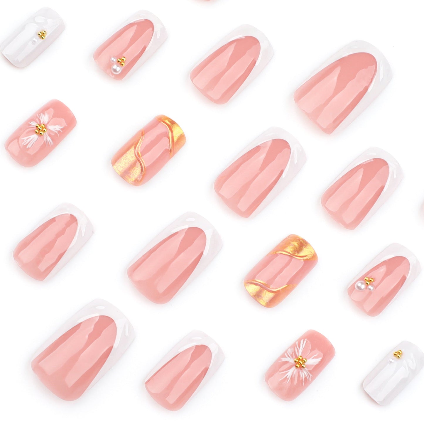 Elegant 3D Floral Press-On Nails with Pearls & Gold Accents – Square Acrylic Set