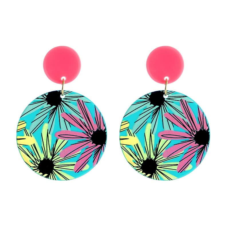 Retro Round Acrylic Plate Flower Earrings – Embossed Print