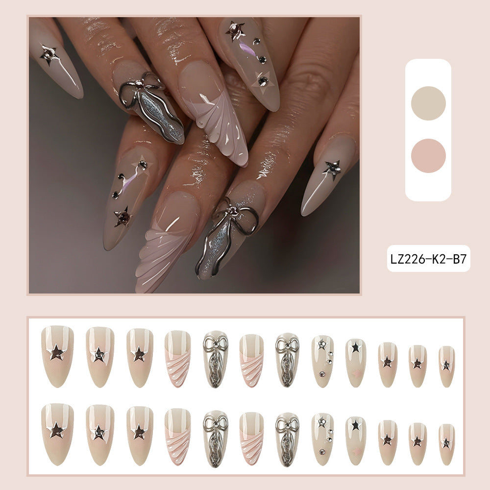 Elegant 3D Press-On Nails with Metallic Stars & Bowknot Design - Almond Glossy Set