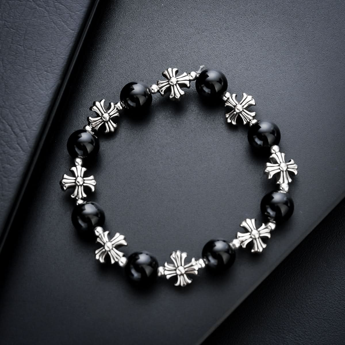 Unisex Retro Cross-Stitched Obsidian Beaded Bracelet –  Stone Wristband