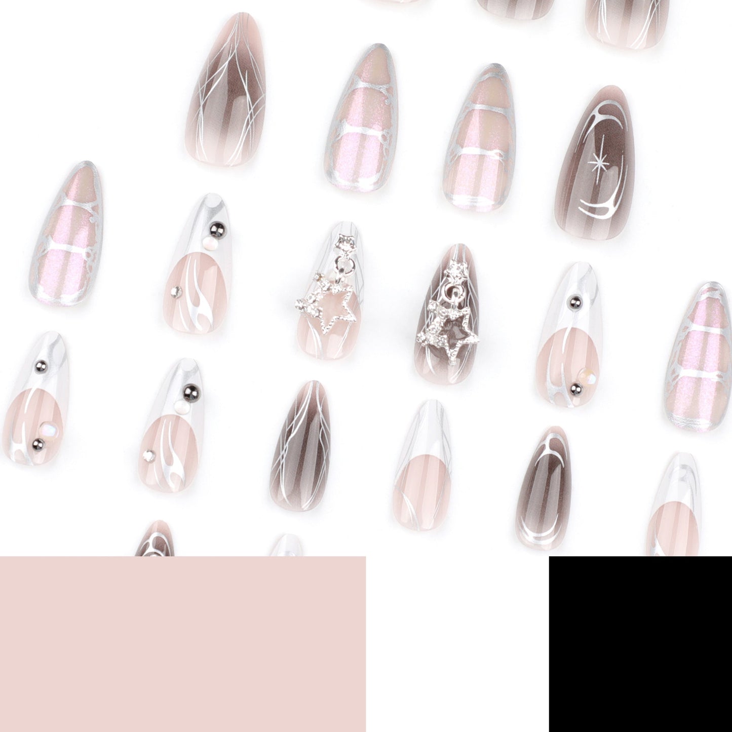 Long Stiletto Chrome Web Press-On Nails – Futuristic Glam with Cross & Star Accents