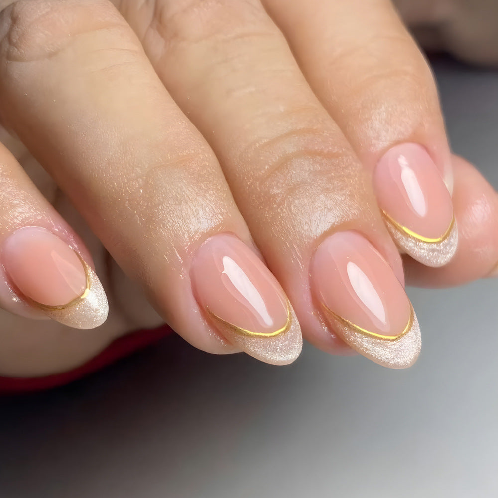 Gold Accent Press-On Nails – Medium Almond Acrylic Nail Set, Nude French Tips